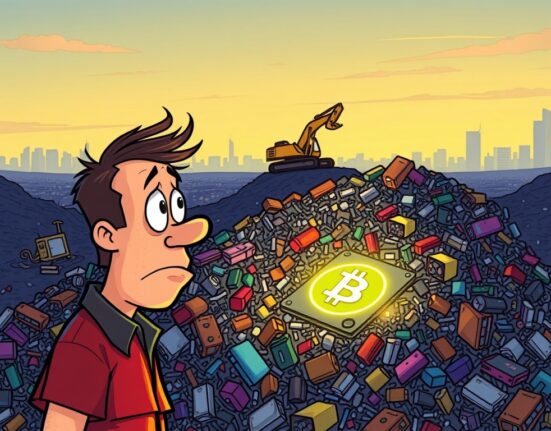 A man regrets discarding a hard drive containing lost Bitcoin, now worth a fortune, in a vast landfill.