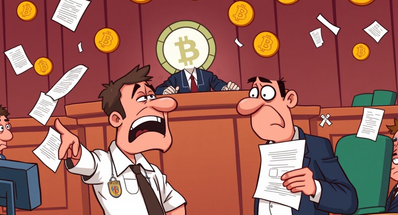 A cartoon depicting the dramatic lost Bitcoin lawsuit with a shattered hard drive and courtroom scene