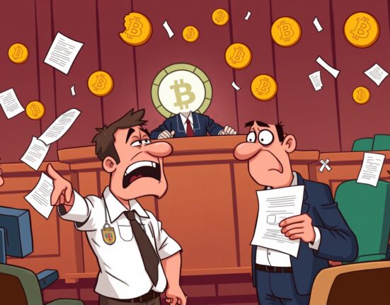 A cartoon depicting the dramatic lost Bitcoin lawsuit with a shattered hard drive and courtroom scene