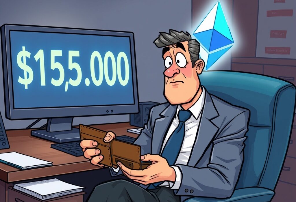 A cartoon illustration of an Estonian banker looking shocked at a screen showing a billion-dollar valuation, realizing the value of his lost Ethereum wallet.