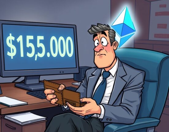 A cartoon illustration of an Estonian banker looking shocked at a screen showing a billion-dollar valuation, realizing the value of his lost Ethereum wallet.
