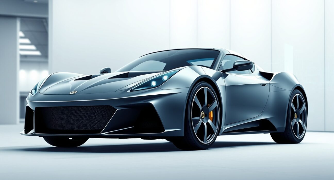 Lotus sports car at a technology exhibition showcasing its new AI and blockchain integration strategy.