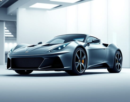 Lotus sports car at a technology exhibition showcasing its new AI and blockchain integration strategy.