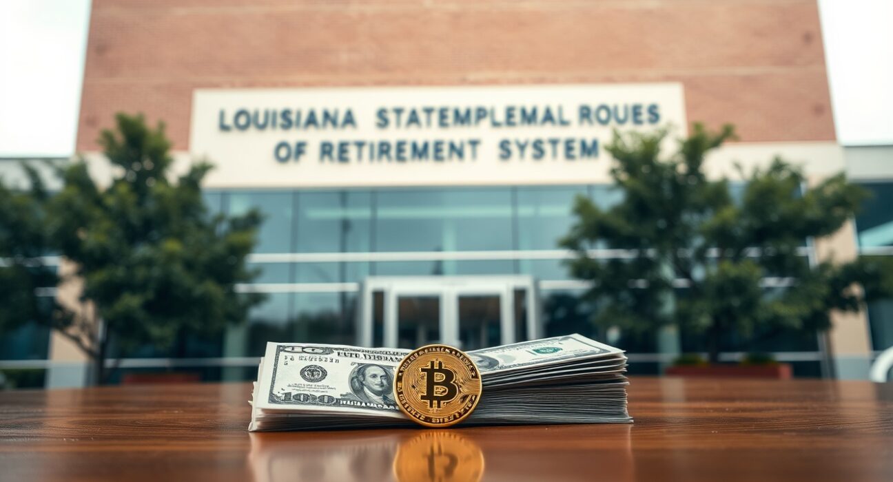 Louisiana public pension fund office exterior with Bitcoin coin and dollar bills on a desk in the foreground.