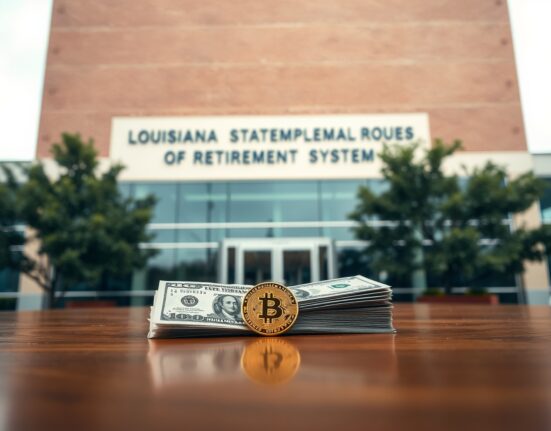 Louisiana public pension fund office exterior with Bitcoin coin and dollar bills on a desk in the foreground.
