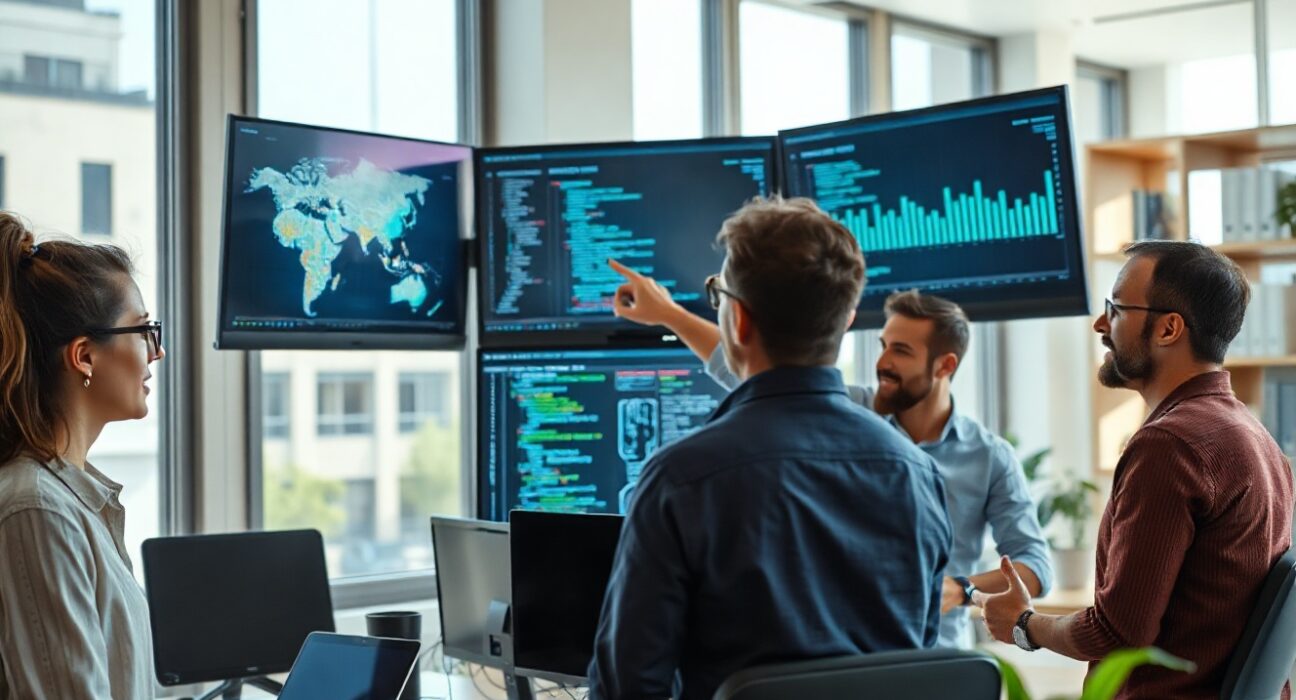 Team of developers working on AI-powered software in a modern office, representing Lovable's growth.