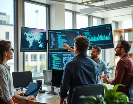 Team of developers working on AI-powered software in a modern office, representing Lovable's growth.