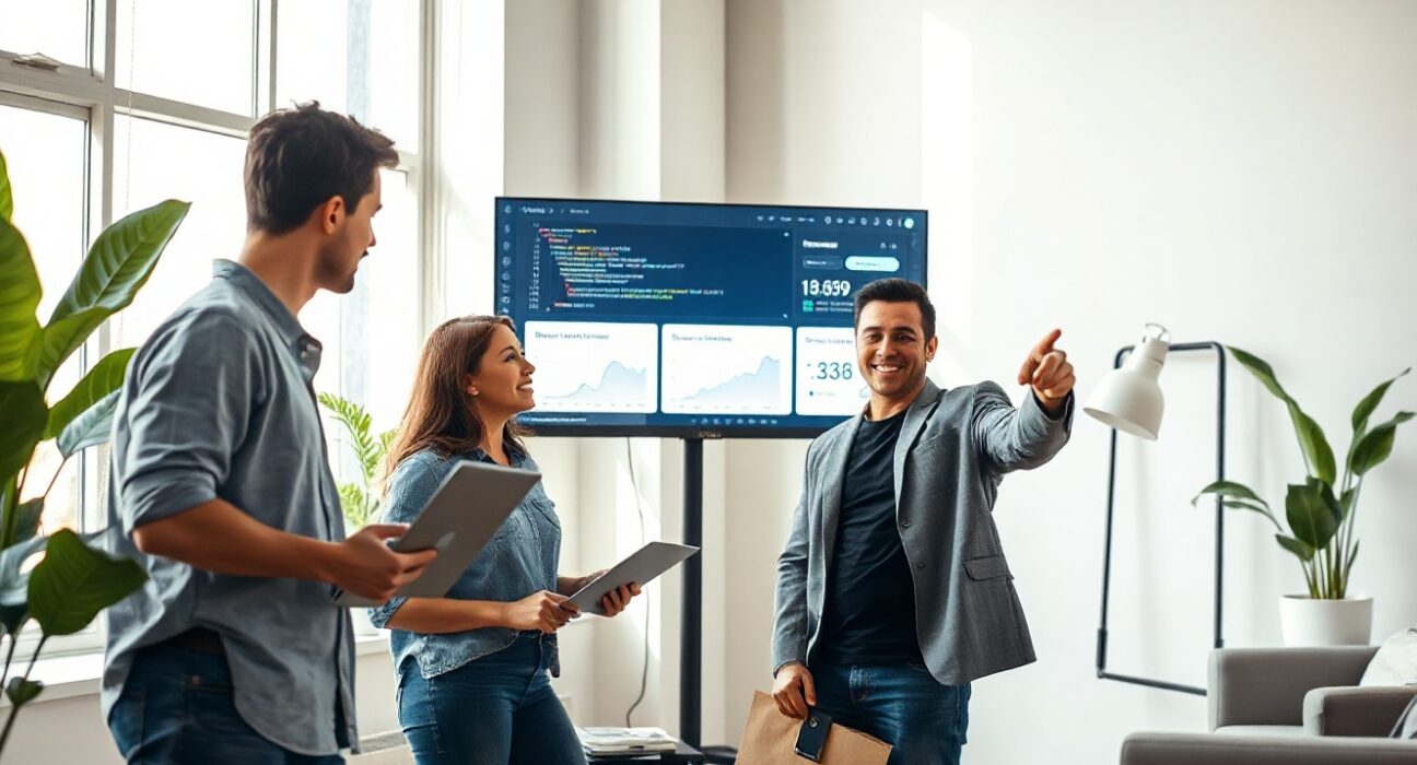 Team collaborating in a modern startup office, reviewing growth data on a large monitor, representing Lovable's rapid expansion.