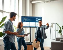 Team collaborating in a modern startup office, reviewing growth data on a large monitor, representing Lovable's rapid expansion.