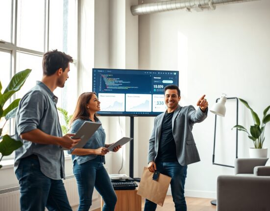 Team collaborating in a modern startup office, reviewing growth data on a large monitor, representing Lovable's rapid expansion.