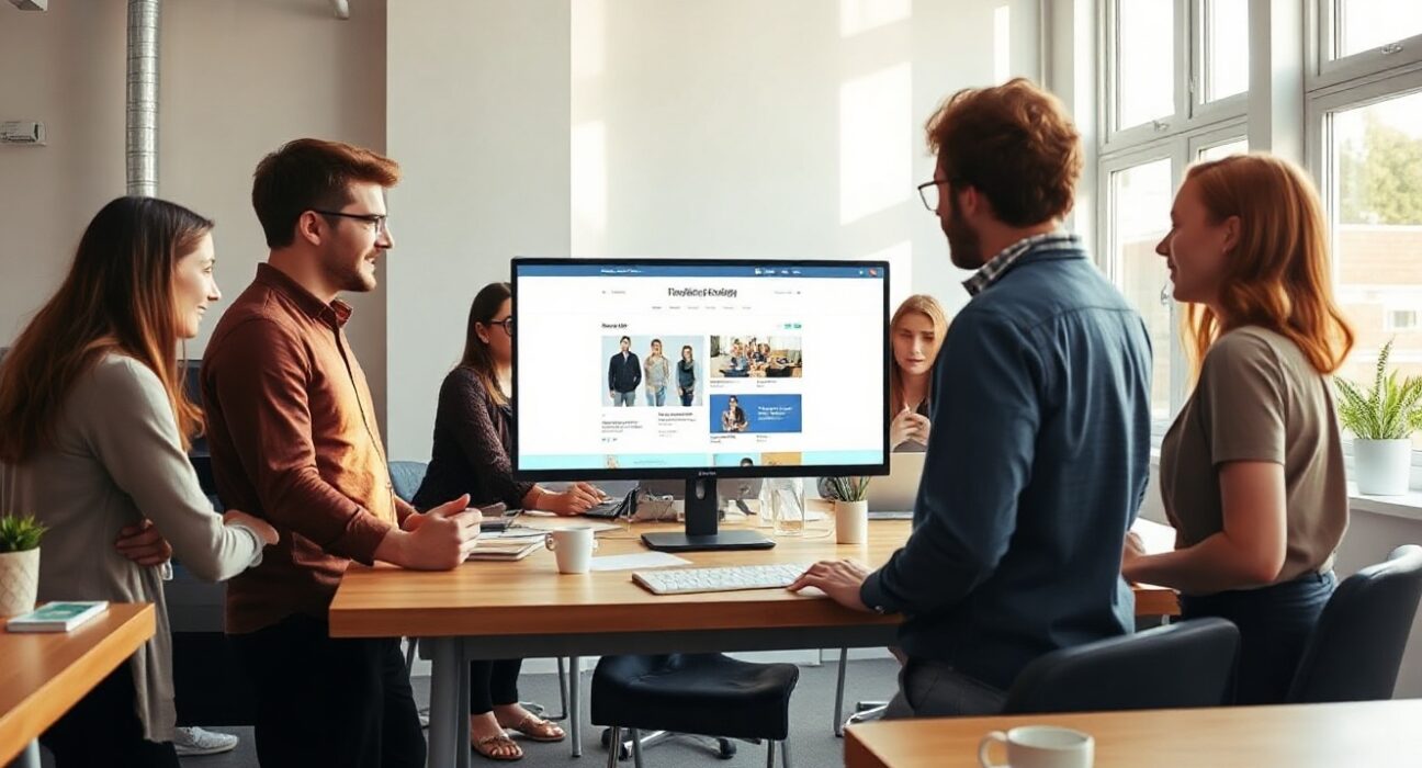 Team collaborating in a modern Stockholm startup office with a website interface on screen