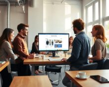 Team collaborating in a modern Stockholm startup office with a website interface on screen