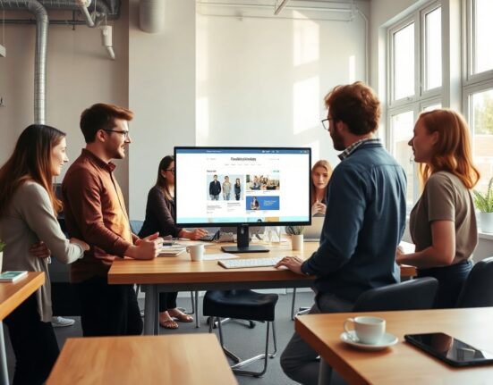 Team collaborating in a modern Stockholm startup office with a website interface on screen