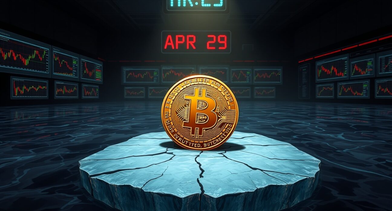 Bitcoin coin on cracked ice sheet symbolizing price vulnerability due to low spot volume and market depth, as warned by Glassnode.