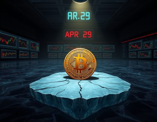 Bitcoin coin on cracked ice sheet symbolizing price vulnerability due to low spot volume and market depth, as warned by Glassnode.