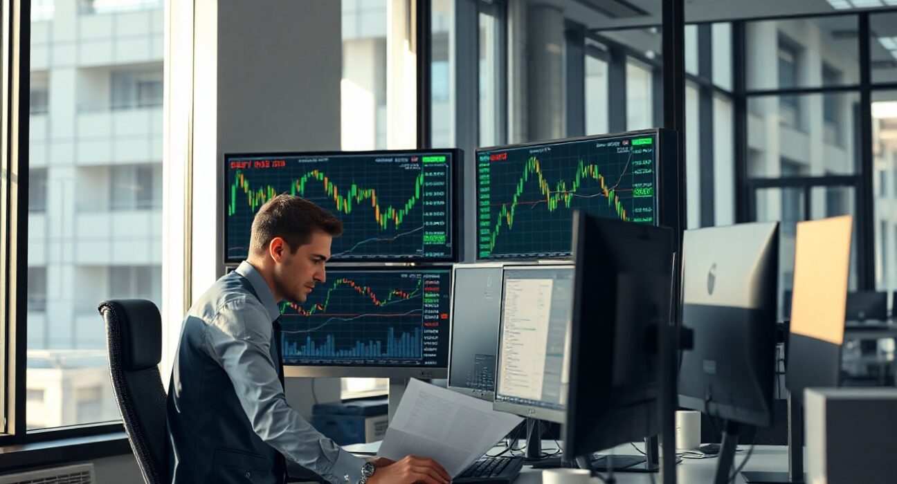 Professional trader analyzing currency charts on multiple monitors in a modern financial office