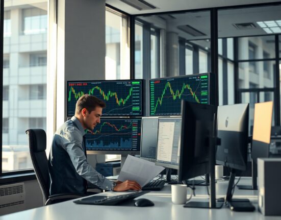 Professional trader analyzing currency charts on multiple monitors in a modern financial office