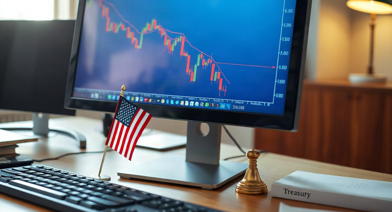 Analyst reviewing energy futures chart on screen with Treasury documents on desk