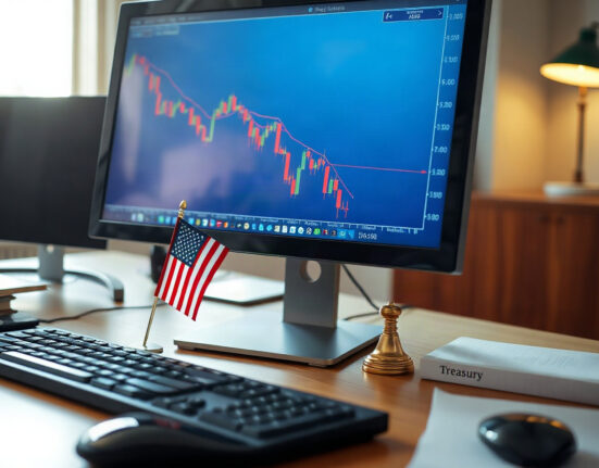 Analyst reviewing energy futures chart on screen with Treasury documents on desk