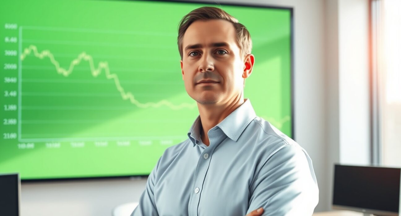 Financial analyst monitoring oil price charts on a digital screen in a modern office