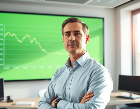 Financial analyst monitoring oil price charts on a digital screen in a modern office