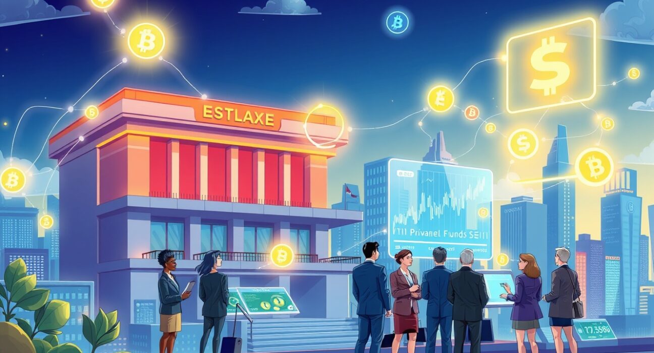 A cartoon illustration of LSEG's blockchain platform transforming private fund management with digital assets and tokenization.