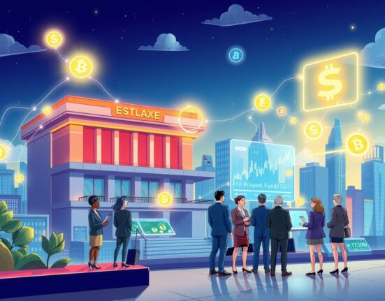 A cartoon illustration of LSEG's blockchain platform transforming private fund management with digital assets and tokenization.