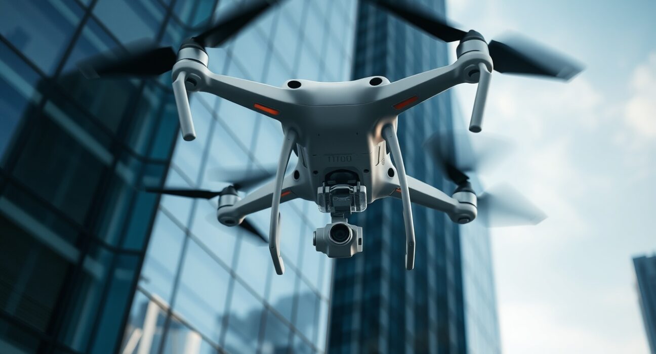 Lucid Bots Sherpa drone cleaning a commercial building window, demonstrating industrial robotics innovation.