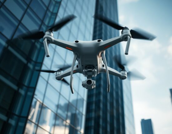 Lucid Bots Sherpa drone cleaning a commercial building window, demonstrating industrial robotics innovation.