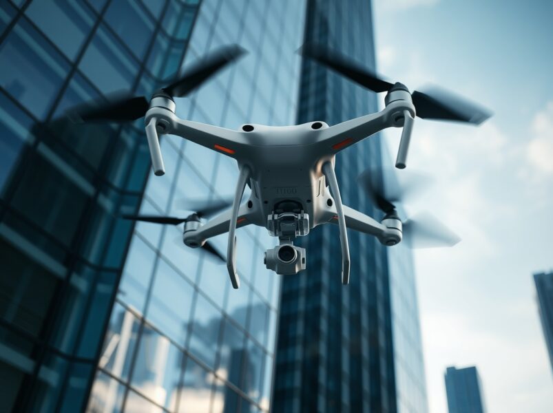 Lucid Bots Sherpa drone cleaning a commercial building window, demonstrating industrial robotics innovation.