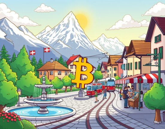 A vibrant cartoon of Lugano, Switzerland, showcasing Bitcoin payments in daily city life.