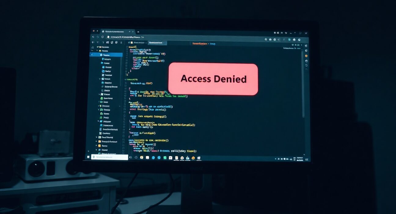 Computer screen showing GitHub repository with access denied message in a developer workspace