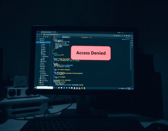 Computer screen showing GitHub repository with access denied message in a developer workspace