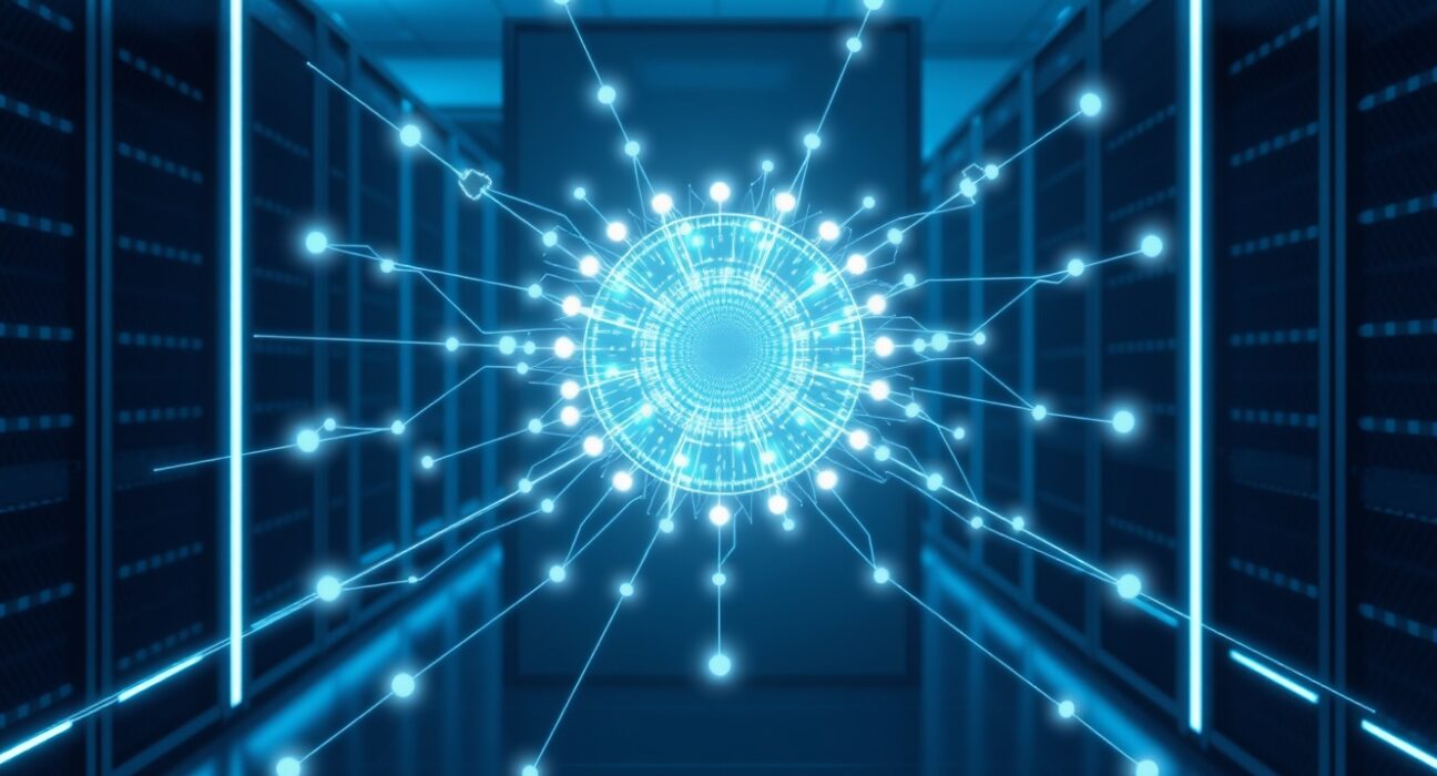 LumiWave mainnet launch represented as an active blockchain network with glowing nodes and digital waves.