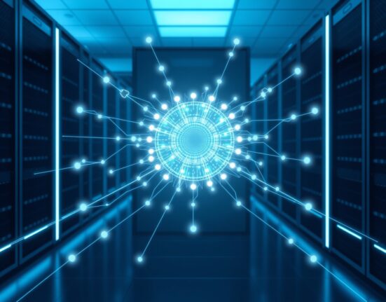 LumiWave mainnet launch represented as an active blockchain network with glowing nodes and digital waves.