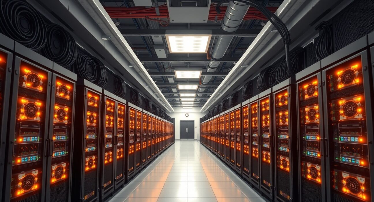 Industrial Bitcoin mining facility in the United States showing cryptocurrency mining hardware operations