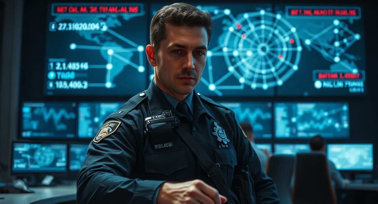 Law enforcement officer monitoring a holographic display of cryptocurrency transaction data in a high-tech command center.