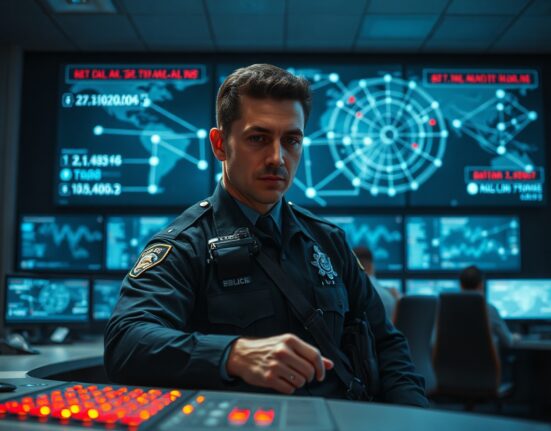Law enforcement officer monitoring a holographic display of cryptocurrency transaction data in a high-tech command center.