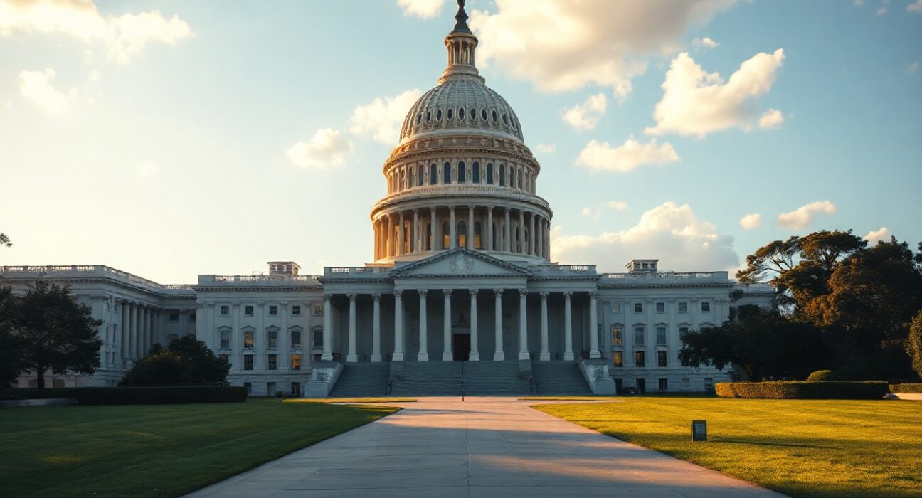 U.S. Capitol building during golden hour with clear sky and lawn
