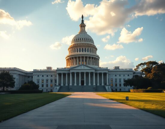U.S. Capitol building during golden hour with clear sky and lawn