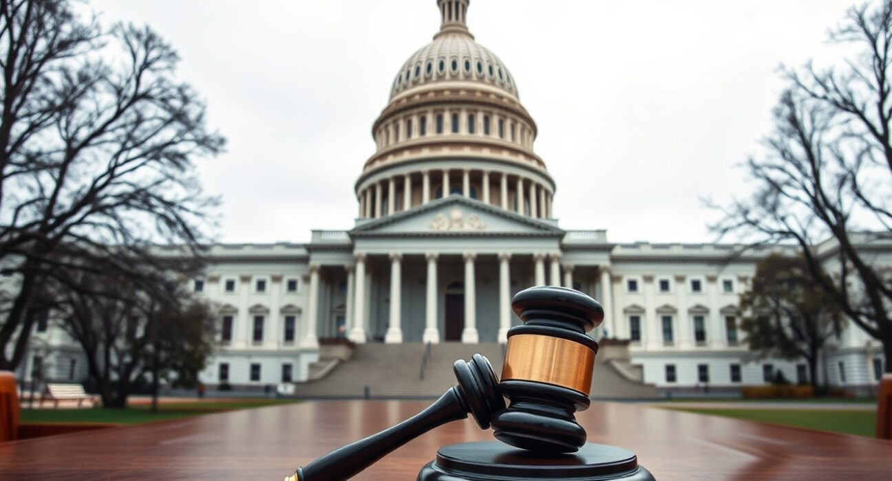 U.S. Capitol building with a gavel in the foreground representing legislative action on crypto crime