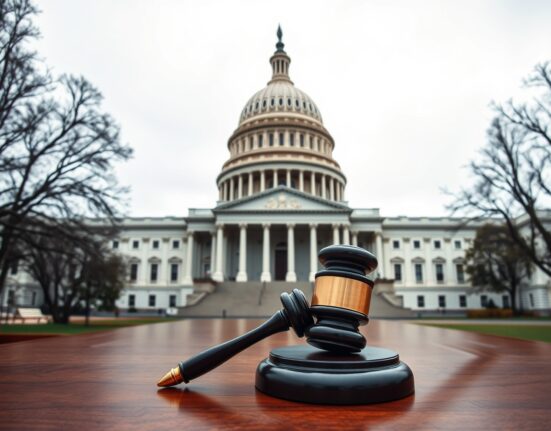 U.S. Capitol building with a gavel in the foreground representing legislative action on crypto crime