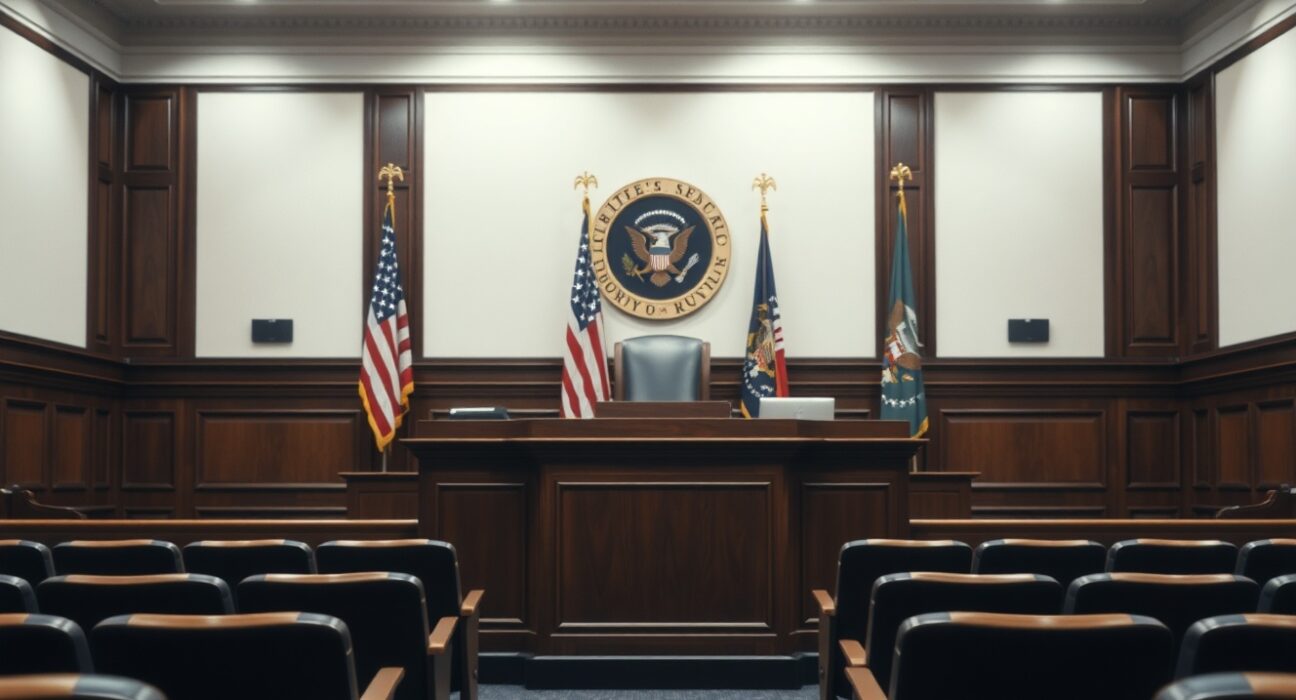 Interior of a U.S. Senate committee hearing room with empty chairs and microphones