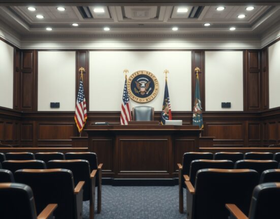 Interior of a U.S. Senate committee hearing room with empty chairs and microphones