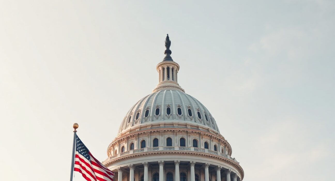 U.S. Capitol building with American flag in foreground on a clear day