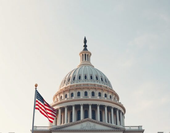 U.S. Capitol building with American flag in foreground on a clear day