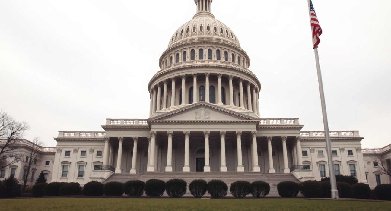 U.S. Capitol building under overcast sky, representing cryptocurrency regulation legislation