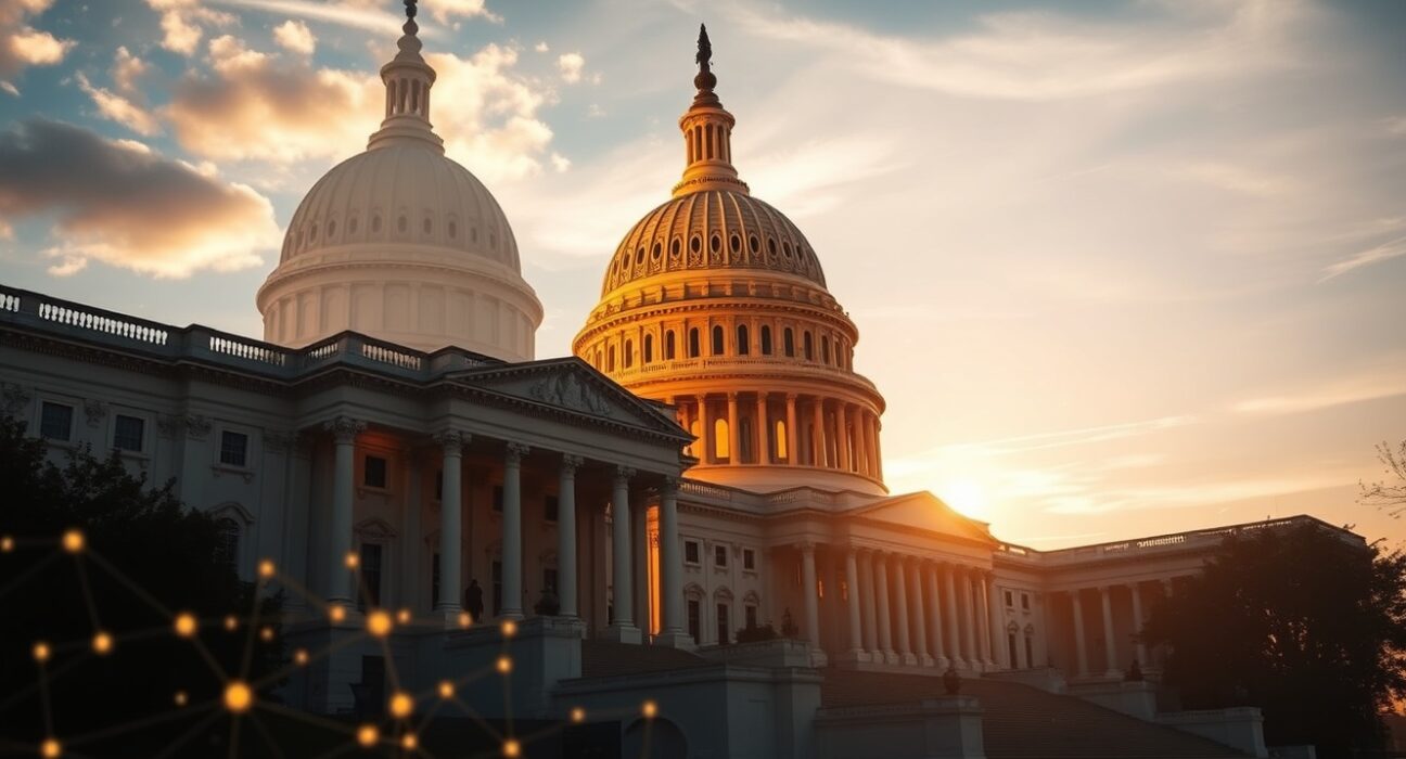 US Capitol building at sunset with subtle digital network overlay representing crypto regulation debate