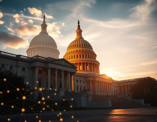 US Capitol building at sunset with subtle digital network overlay representing crypto regulation debate