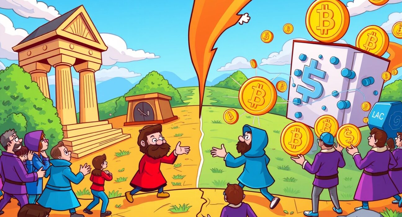 Senator Lummis defending crypto policy against traditional banking opposition in vibrant illustration